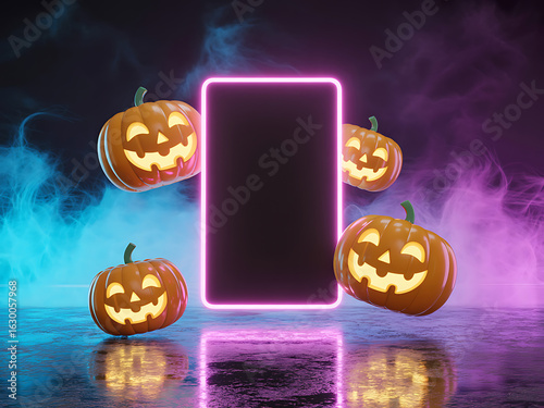 Spooky halloween pumpkins float around a glowing neon smartphone display