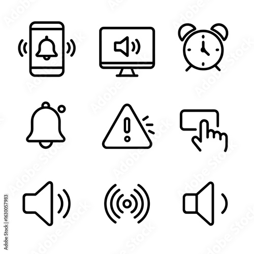 Sound Technology Icons. Outline icon set of sound in technology: phone ringtone, computer beep, alarm sound, notification, system