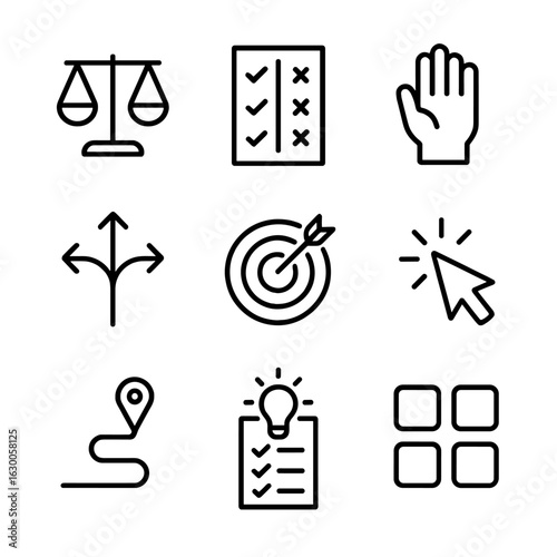 Decision-Making Icon Set. Outline icon set of decision-making: balance scale, pro/con list, voting hand, choice arrows, goal icon,