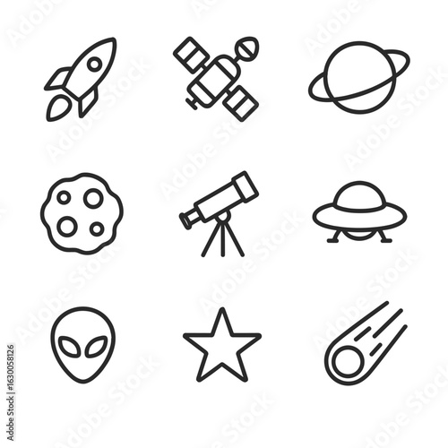 Space Icons Set. Outline icon set of consuming space: rocket, satellite, planet, asteroid, telescope, spaceship, alien, star,