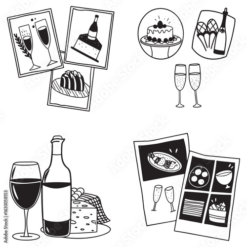 Hand-drawn ink line food and wine or champagne drawings.vector