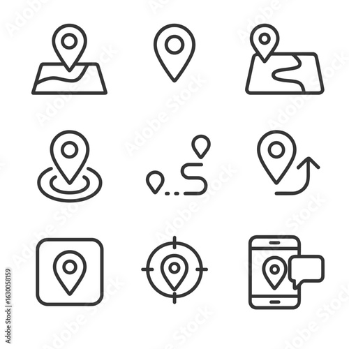 GPS Tracking Icons. Outline icon set of GPS tracking: real-time tracking, location pin, map path, moving dot, route history,