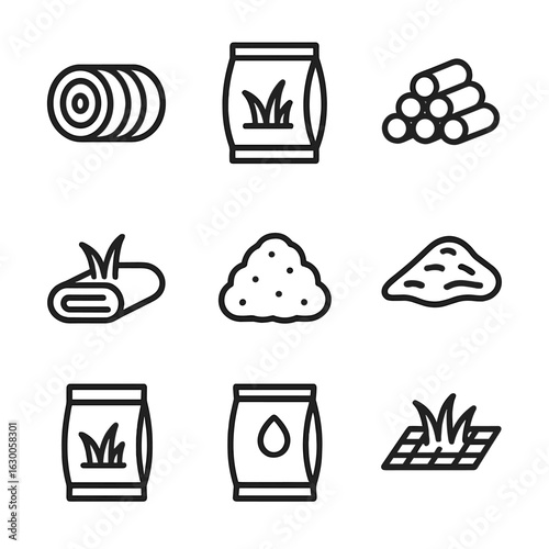 Grass Product Icons. Outline icon set of grass-related products and uses: hay bale, grass feed, grass pellet, turf roll, compost,
