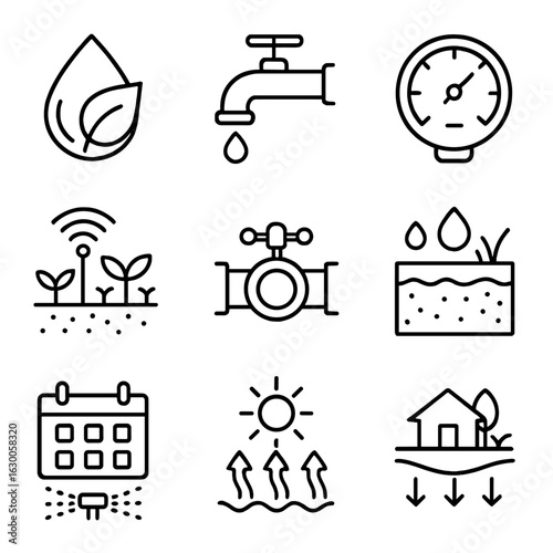 Irrigation Efficiency Icons. Outline icon set of irrigation efficiency measures: water saving, leak detection,