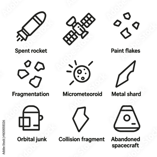 Space Debris Icons. Outline icon set of space debris objects: spent rocket stage, defunct satellite, paint flakes, fragmentation