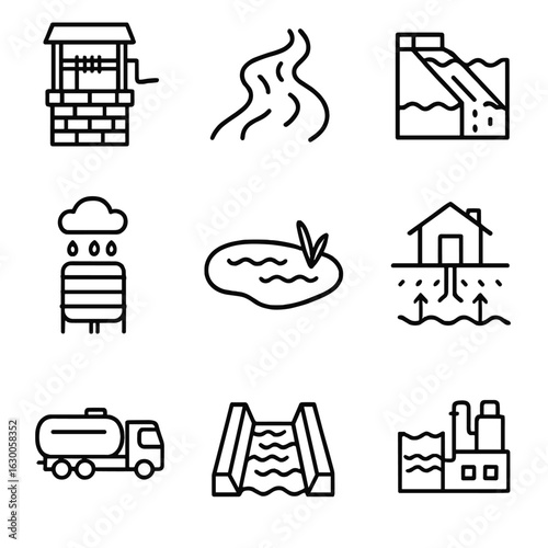 Irrigation Source Icons. Outline icon set of irrigation water sources: well, river, reservoir, rainwater tank,