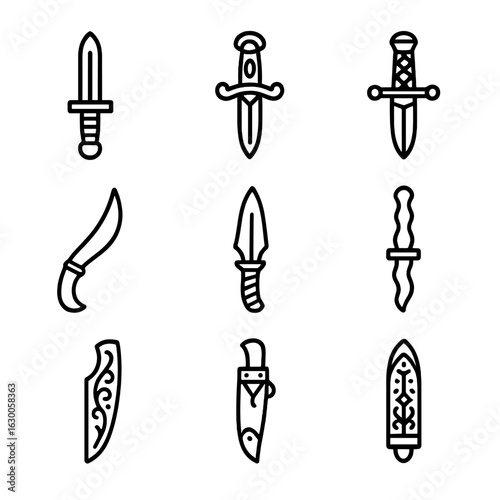 Decorative Knife Icon Set. Outline icon set of decorative and ceremonial knives: dagger, ornate knife, jeweled handle knife,