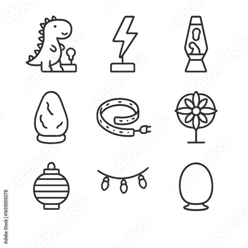 Decorative Lamp Icons. Outline icon set of decorative lamps: novelty lamp, neon lamp, lava lamp, salt lamp, decorative LED strip