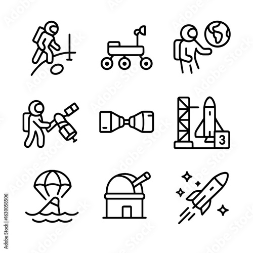 Space Missions Icons. Outline icon set of space missions: moon landing, Mars rover, spacewalk, satellite deployment, space docking