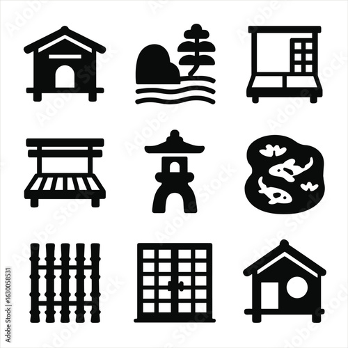 Japanese Tea Icons. Solid, filled icons set of tea ceremony venues: tea house, zen garden, tatami room, wooden