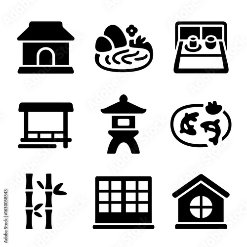 Japanese Tea Icons. Solid, filled icons set of tea ceremony venues: tea house, zen garden, tatami room, wooden