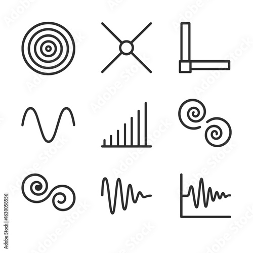 Gravitational Wave Icons. Outline icon set of gravitational wave phenomena: wave ripple, interferometer arms, LIGO detector,