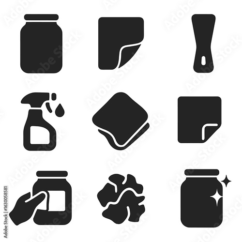 Jar Label Removal. Solid, filled icons set of jar labeling and sticker peeling: glass jar, peeling label,