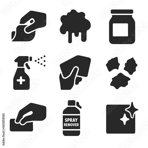Jar Label Removal Icons. Solid, filled icons set of jar label peeling and cleaning: peeling sticker, glue