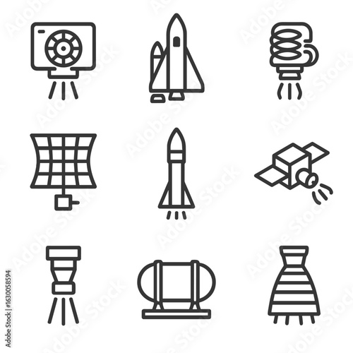 Space Propulsion Icons. Outline icon set of space propulsion: ion thruster, chemical rocket, plasma engine, solar sail, booster
