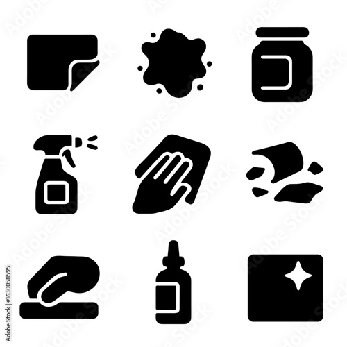 Jar Label Removal Icons. Solid, filled icons set of jar label peeling and cleaning: peeling sticker, glue