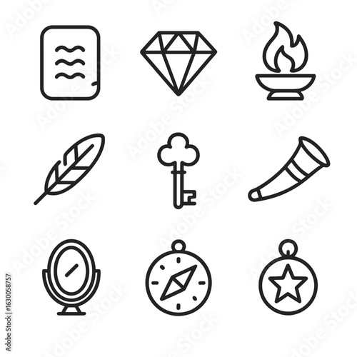 Deity Relics Icon Set. Outline icon set of deity relics: sacred tablet, divine gem, eternal flame, holy feather, mystical key,