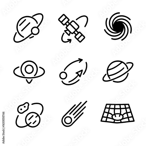 Gravity Space Icons. Outline icon set of gravity in space: orbiting planet, satellite in orbit, black hole, gravitational lensing,