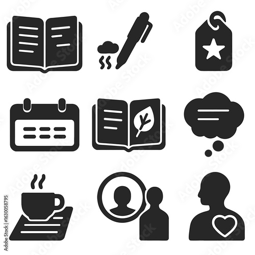 Journaling Icons Collection. Solid, filled icons set of journaling after morning walks: open notebook, pen