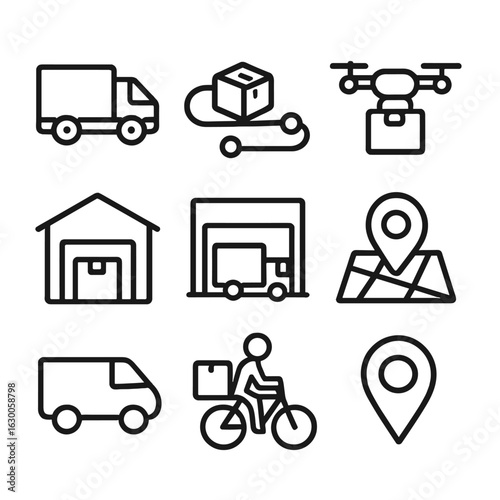 Delivery Icons. Outline icon set of delivery and logistics routes: delivery truck, parcel route, drone delivery, warehouse,