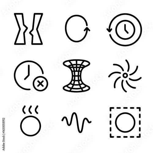 Space-Time Anomalies Icons. Outline icon set of space-time anomalies: temporal rift, closed timelike curve, time loop, causality