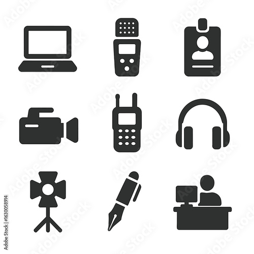 Journalism Tools Icons. Solid, filled icons set of journalism tools: laptop, voice recorder, press pass, video