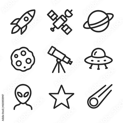 Space Icons Set. Outline icon set of consuming space: rocket, satellite, planet, asteroid, telescope, spaceship, alien, star,