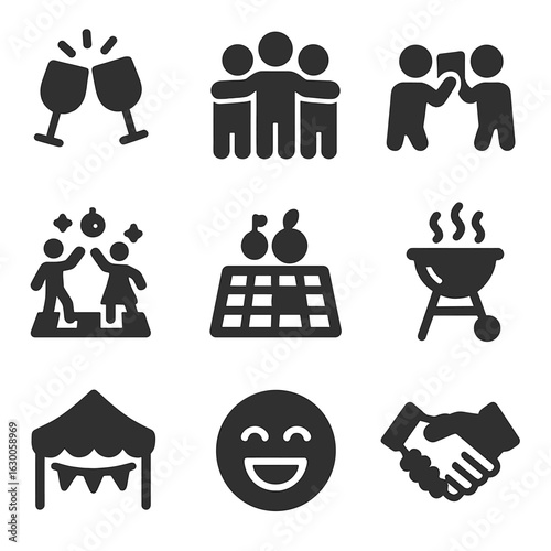 Joyful Gathering Icons. Solid, filled icons set of joyful gatherings: clinking glasses, group hug, toast,
