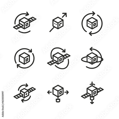 Spacecraft Dynamics Icons. Outline icon set of spacecraft rotational dynamics: torque, angular momentum, rotational inertia,