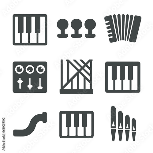 Keyboard Instrument Icons. Solid, filled icons set of keyboard instrument details: piano keys, organ stops,