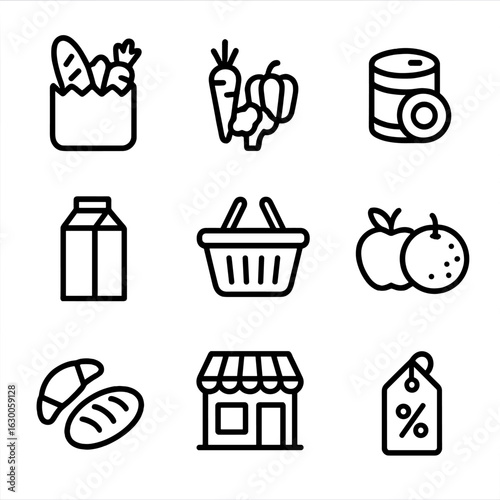 Grocery Icons Grid. Outline icon set of grocery shopping: paper grocery bag, vegetables, canned food, milk carton, shopping basket