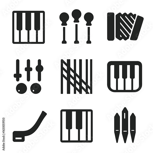 Keyboard Instrument Icons. Solid, filled icons set of keyboard instrument details: piano keys, organ stops,