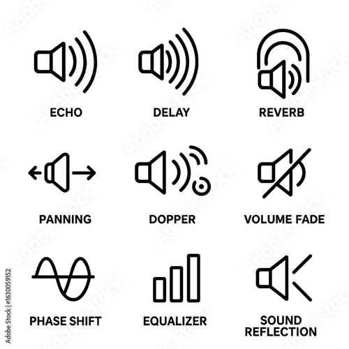 Spatial Audio Icons. Outline icon set of spatial audio effects: echo, delay, reverb, panning, Doppler effect, volume fade, phase