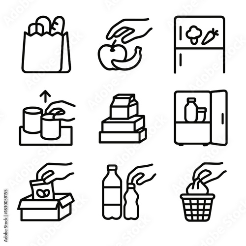 Grocery Unpacking Icons. Outline icon set of grocery unpacking: unload bag, place fruits, store vegetables, remove cans, stack