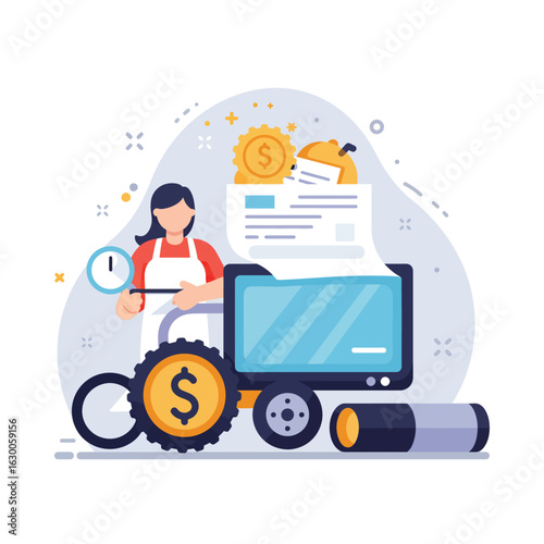 A woman managing invoices and financial documents on a computer, representing accounting and business processes isolated on white background