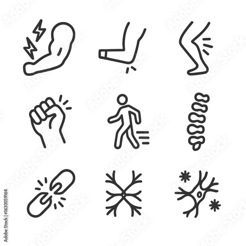 Spastic Paralysis Icons. Outline icon set of spastic paralysis: tense muscle, locked elbow, frozen leg, clenched hand, halted