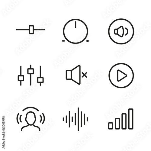Spatial Audio Icons. Outline icon set of spatial audio user interface: volume slider, balance knob, panning control, equalizer,