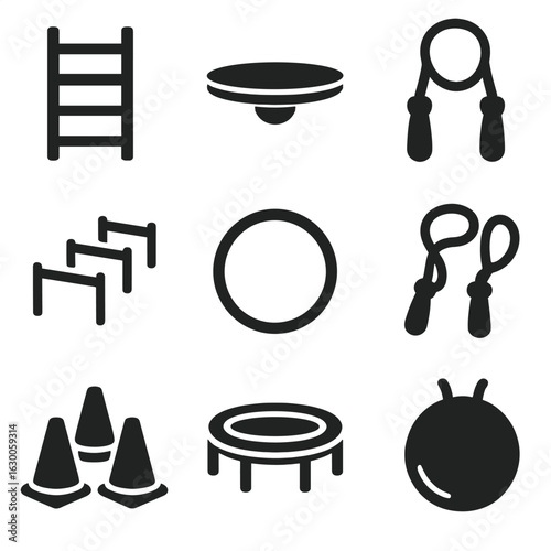 Kids Fitness Icons. Solid, filled icons set of fitness and coordination for kids: agility ladder, balance