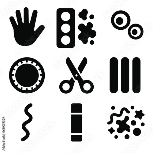 Kids' Craft Icons. Solid, filled icons set of kids’ DIY craft activities: child’s handprint, finger paint,