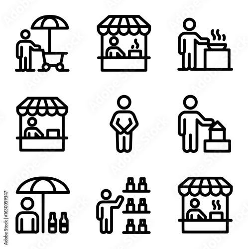 People at Market Stalls Selling Goods and Food vendor