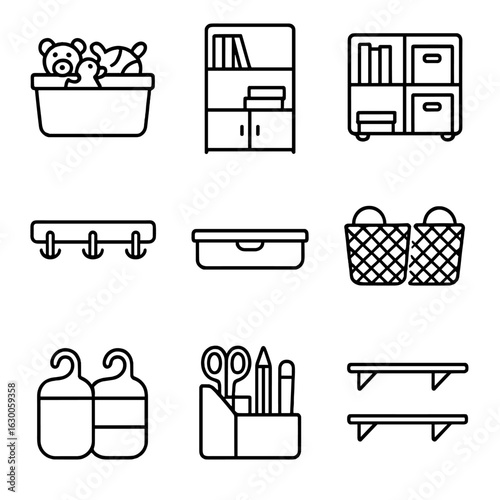 Kids' Storage Icons. Outline icon set of kids’ room storage: toy bins, bookcases, cubby organizers, wall hooks