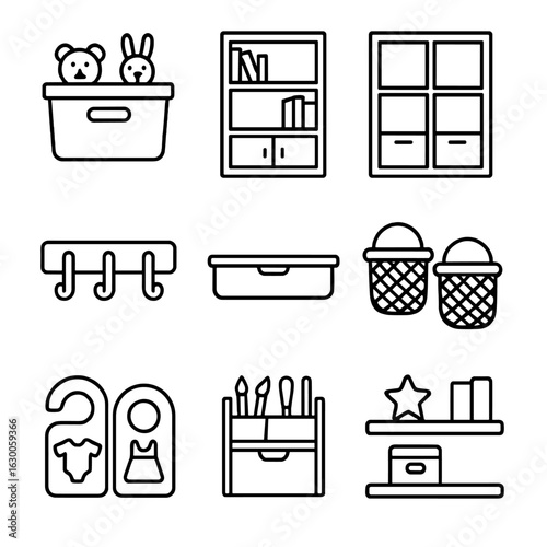 Kids' Storage Icons. Outline icon set of kids’ room storage: toy bins, bookcases, cubby organizers, wall hooks