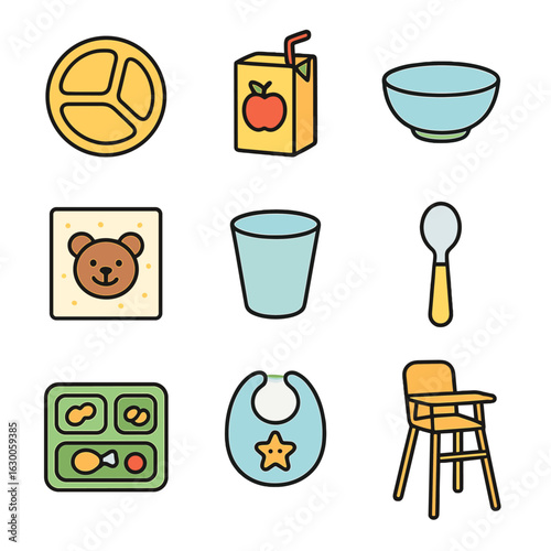 Kids' Dinner Icons. Outline icon set of kids’ dinner: colorful plates, juice boxes, small bowls, cartoon