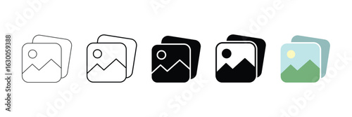 Stacked gallery icon set vector illustration with outline glyph flat color style for user interface photo album and image organizer.