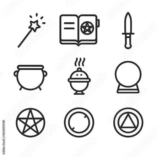 Spellcasting Tools Icons. Outline icon set of spellcasting tools: magic wand, grimoire book, ritual dagger, cauldron, athame