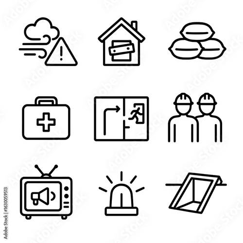 Gust Emergency Icons. Outline icon set of gust emergency response: storm warning, secured house, sandbag, emergency kit,