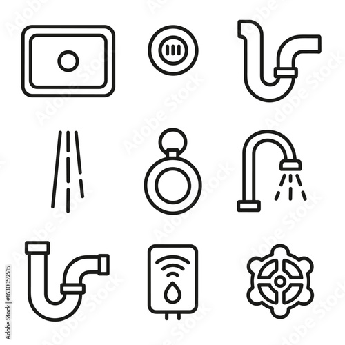 Kitchen Overflow Icons. Outline icon set of Kitchen sink overflow components: basin, overflow opening,