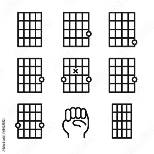 Guitar Chord Icons. Outline icon set of chord in guitar: open chord, barre chord, power chord, major chord, minor chord,