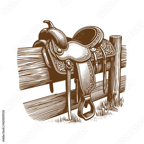 Western Saddle on Fence Post – Black and White Vector Illustration for Tracing or Engraving