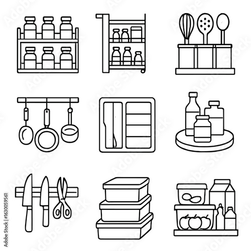 Kitchen Storage Icons. Outline icon set of kitchen storage options: spice racks, pull-out pantry, utensil